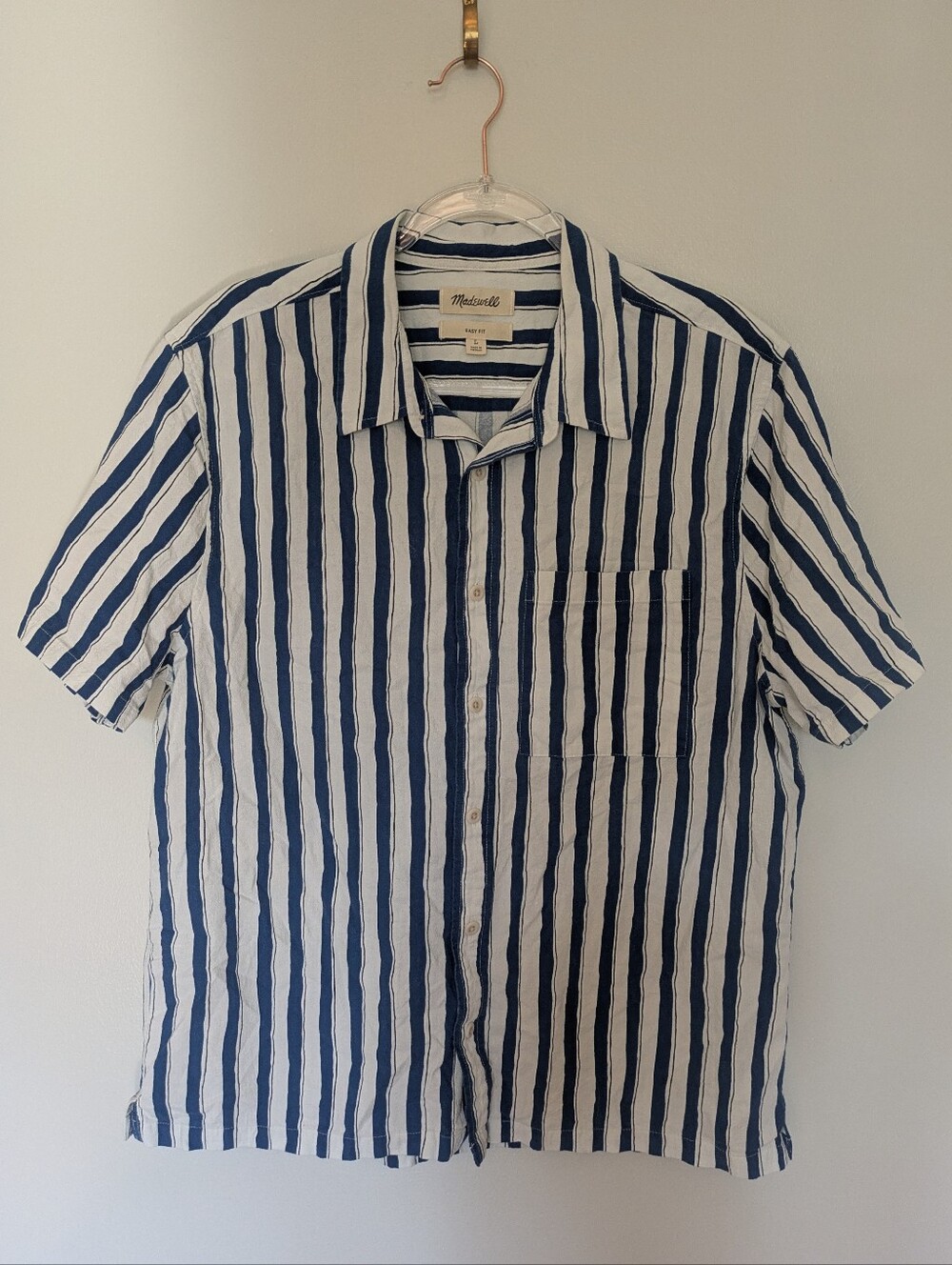Madewell Vertical Stripe Button Up Camp Shirt Short Sleeve Blue White Easy Fit L